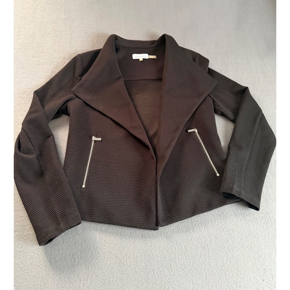 Calvin Klein Womens Black Ribbed Open Front Jacket M6WE5818 Blazer Small